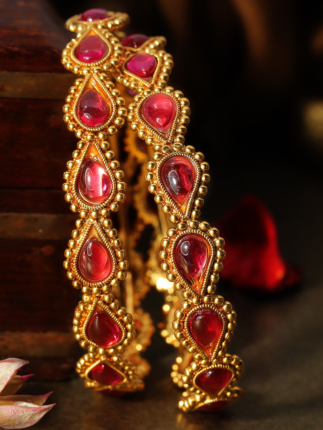 

Rubans Women Set of 2 Gold-Plated Gold-Toned & Pink Faux Ruby Studded Bangles