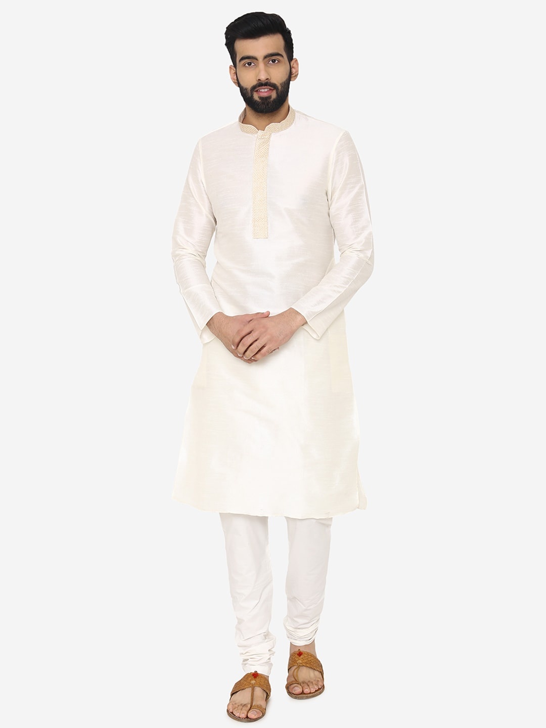 

Manyavar Men Off-White & Beige Self Design Kurta with Churidar