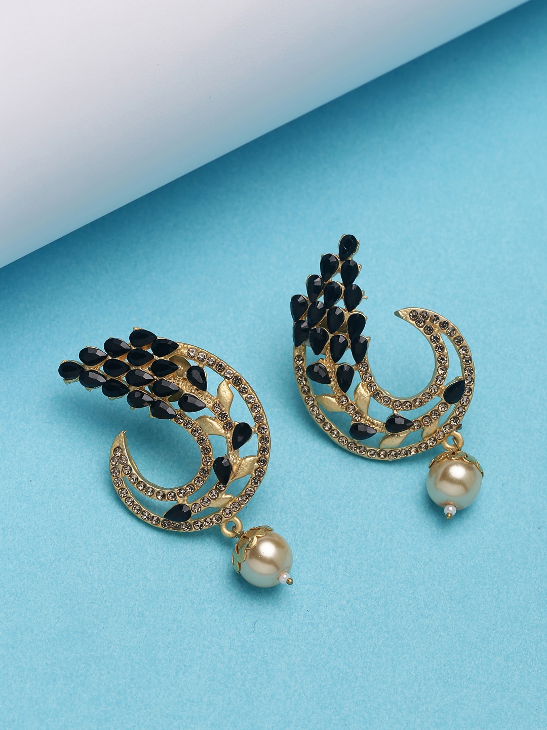 

PANASH Gold-Toned & Black Crescent Shaped Studs
