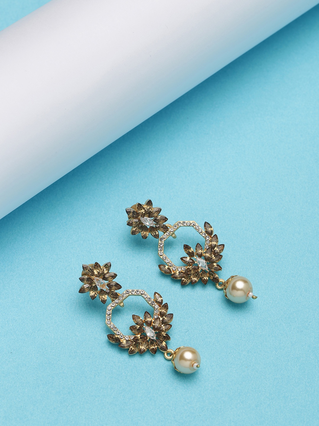

PANASH Gold-Toned & Brown Floral Drop Earrings