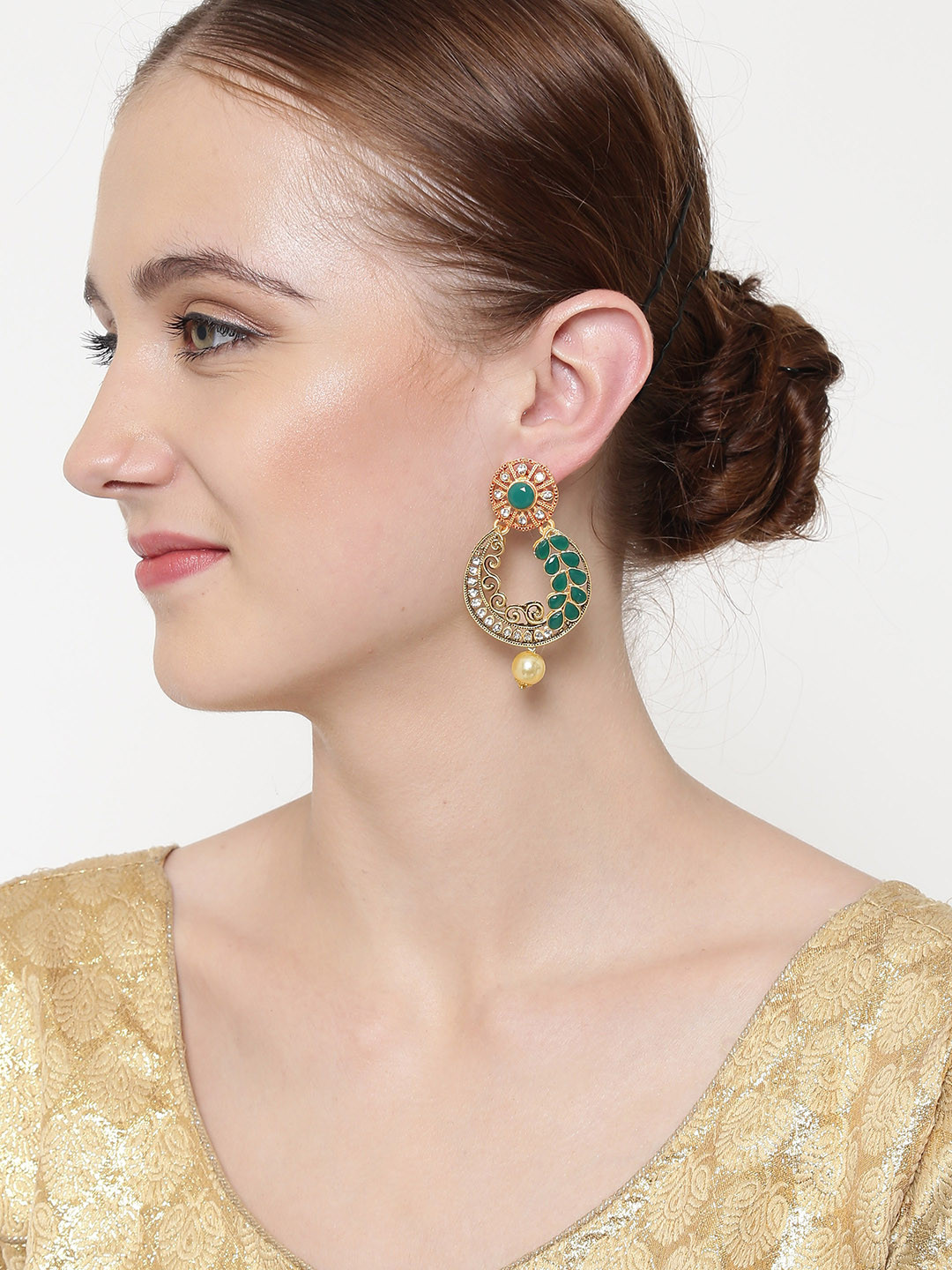 

PANASH Gold-Plated & Green Handcrafted Crescent Shaped Chandbalis