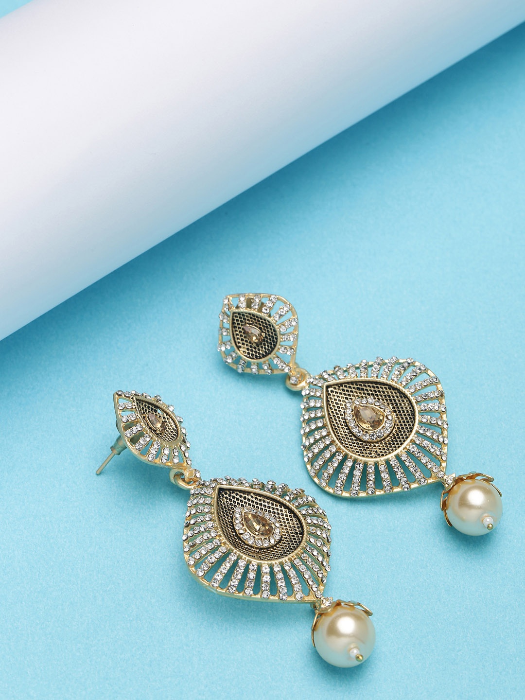 

PANASH Gold-Toned & White Crescent Shaped Drop Earrings