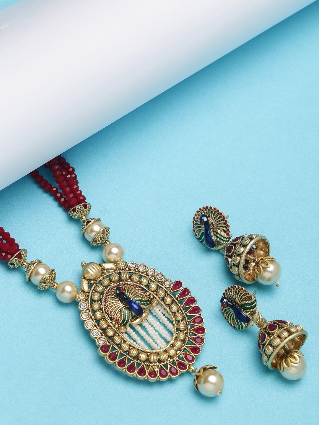 

PANASH Gold-Plated & Red Pearl Studded Handcrafted Jewellery Set