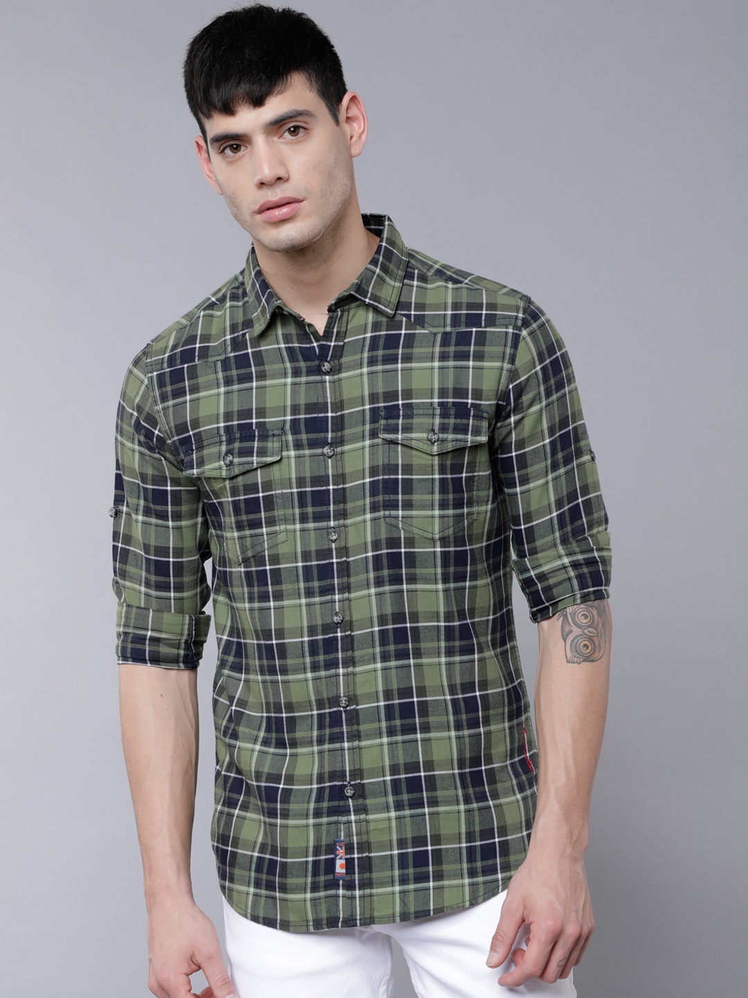 

LOCOMOTIVE Men Green & Navy Blue Slim Fit Checked Casual Shirt