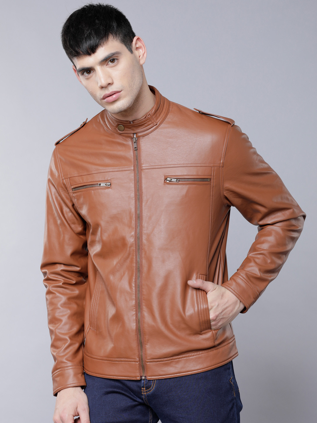 

LOCOMOTIVE Men Tan Solid Biker Jacket