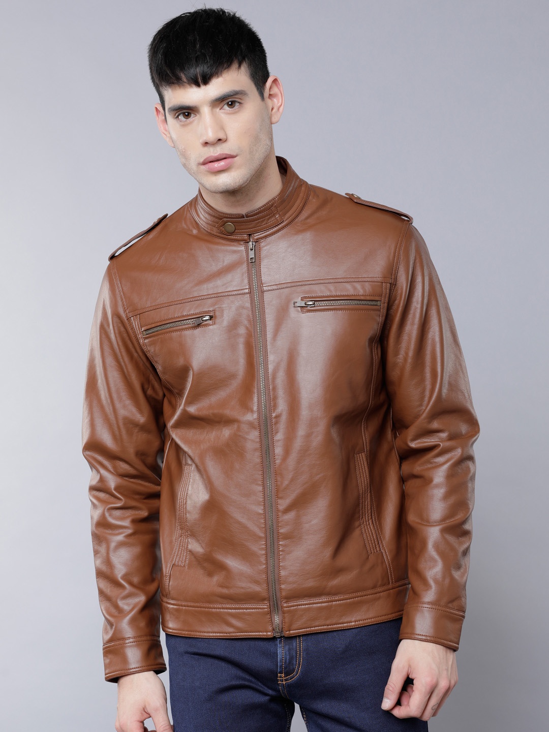 

LOCOMOTIVE Men Brown Solid Biker Jacket