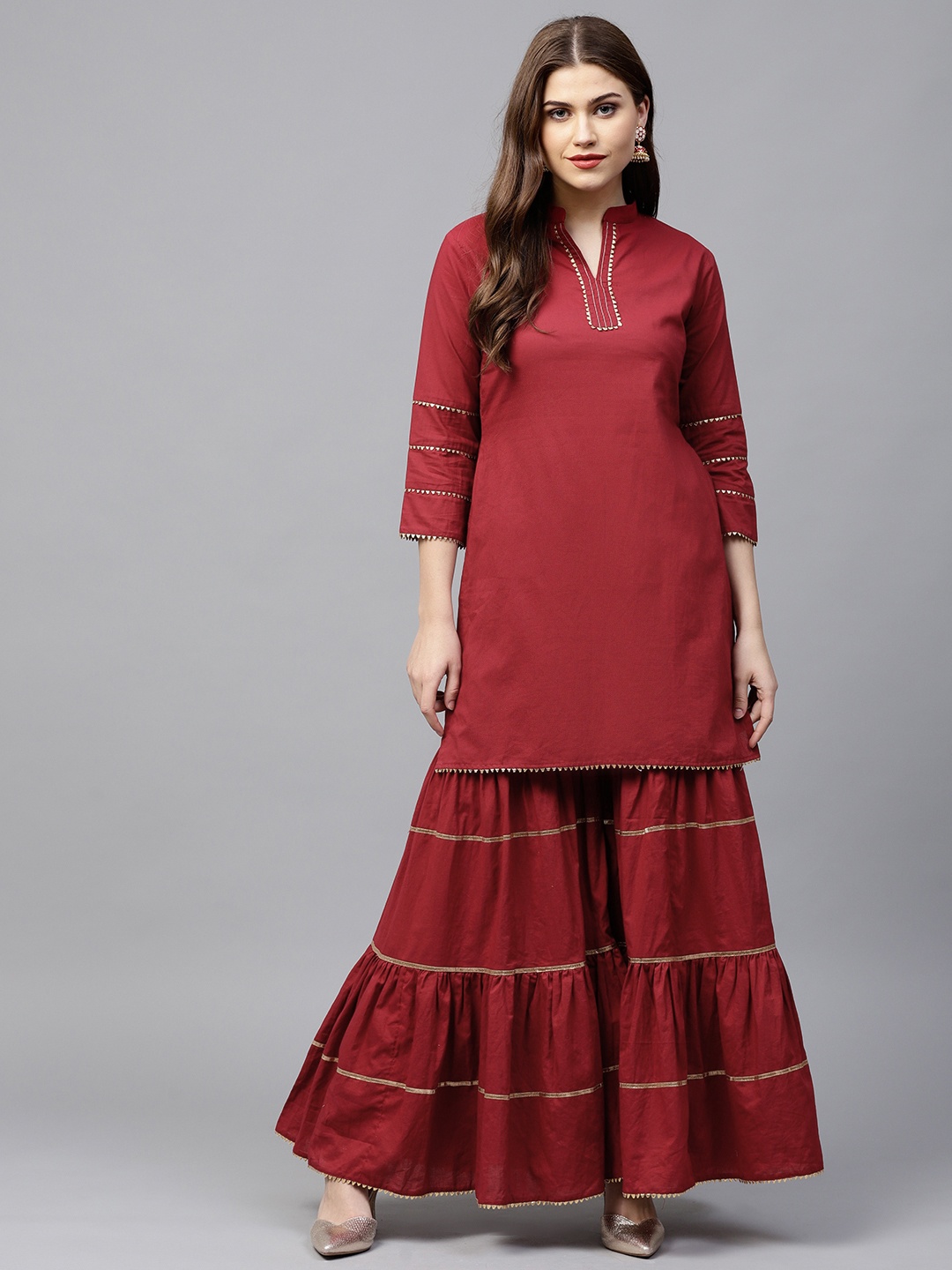 

Bhama Couture Women Maroon Solid Kurta with Sharara