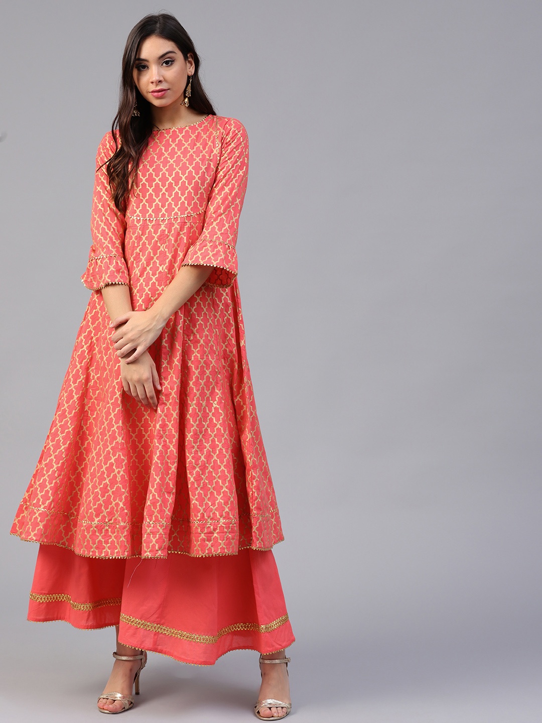 

Bhama Couture Women Coral Pink & Golden Printed Kurta with Palazzos