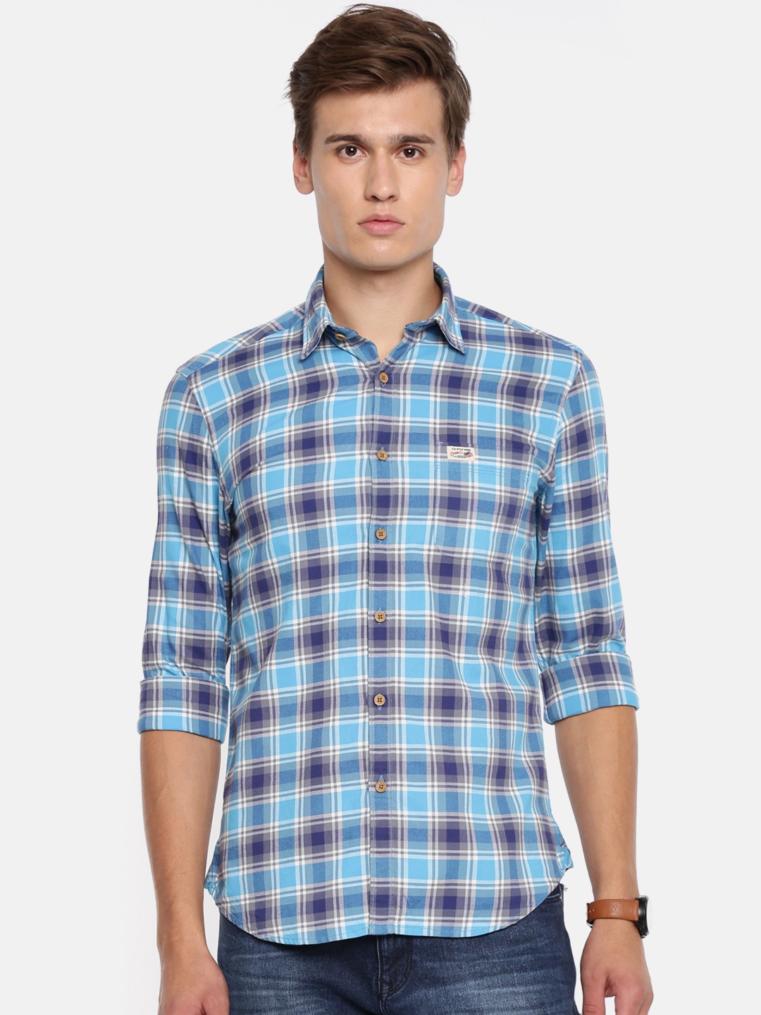 

U.S. Polo Assn. Denim Co. Men Blue Slim Fit Checked Casual Shirt