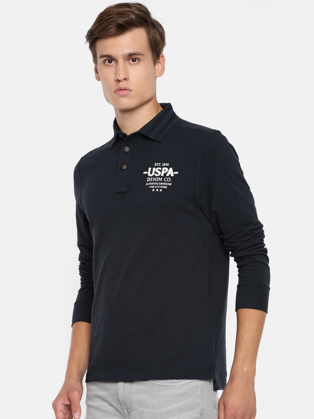 

U.S. Polo Assn. Denim Co. Men Navy Blue Solid Polo Collar Pure Cotton T-shirt