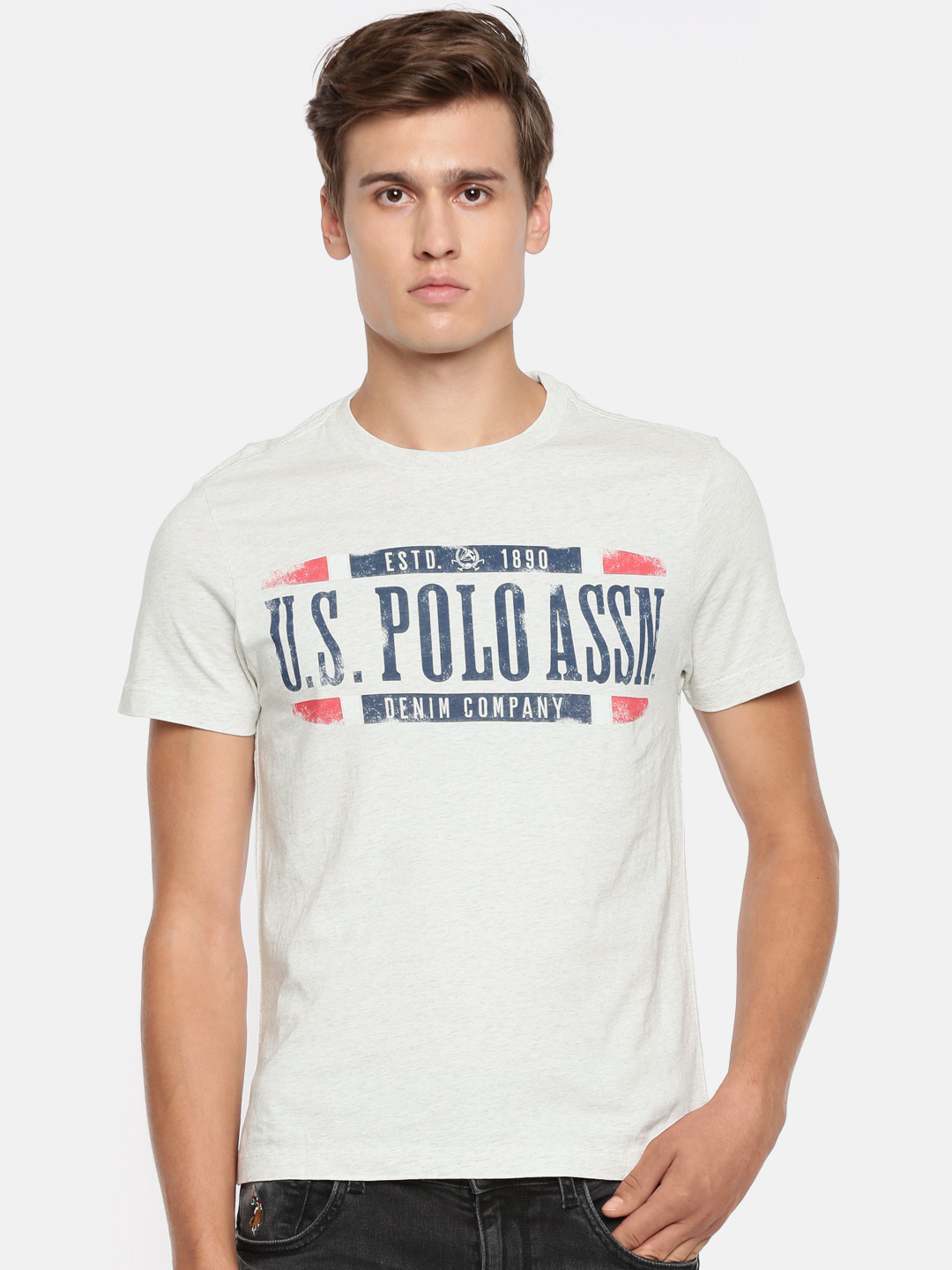 

U.S. Polo Assn. Denim Co. Men Off-White Printed Round Neck Pure Cotton T-shirt