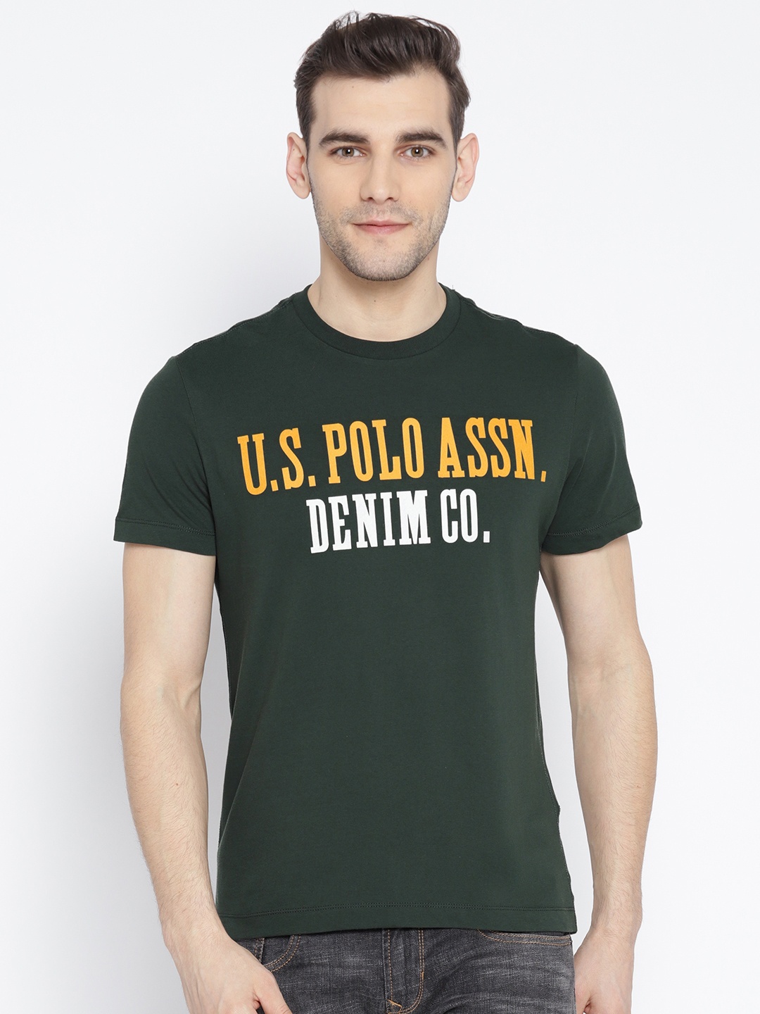 

U.S. Polo Assn. Denim Co. Men Green Printed Round Neck Pure Cotton T-shirt