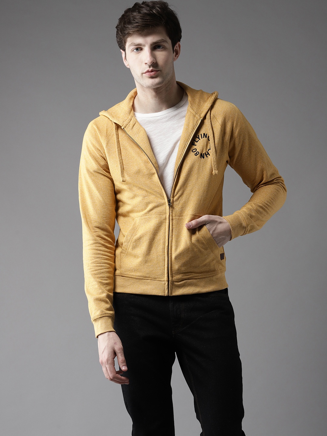 

Flying Machine Men Mustard Yellow Solid Hooded Sweatshirt