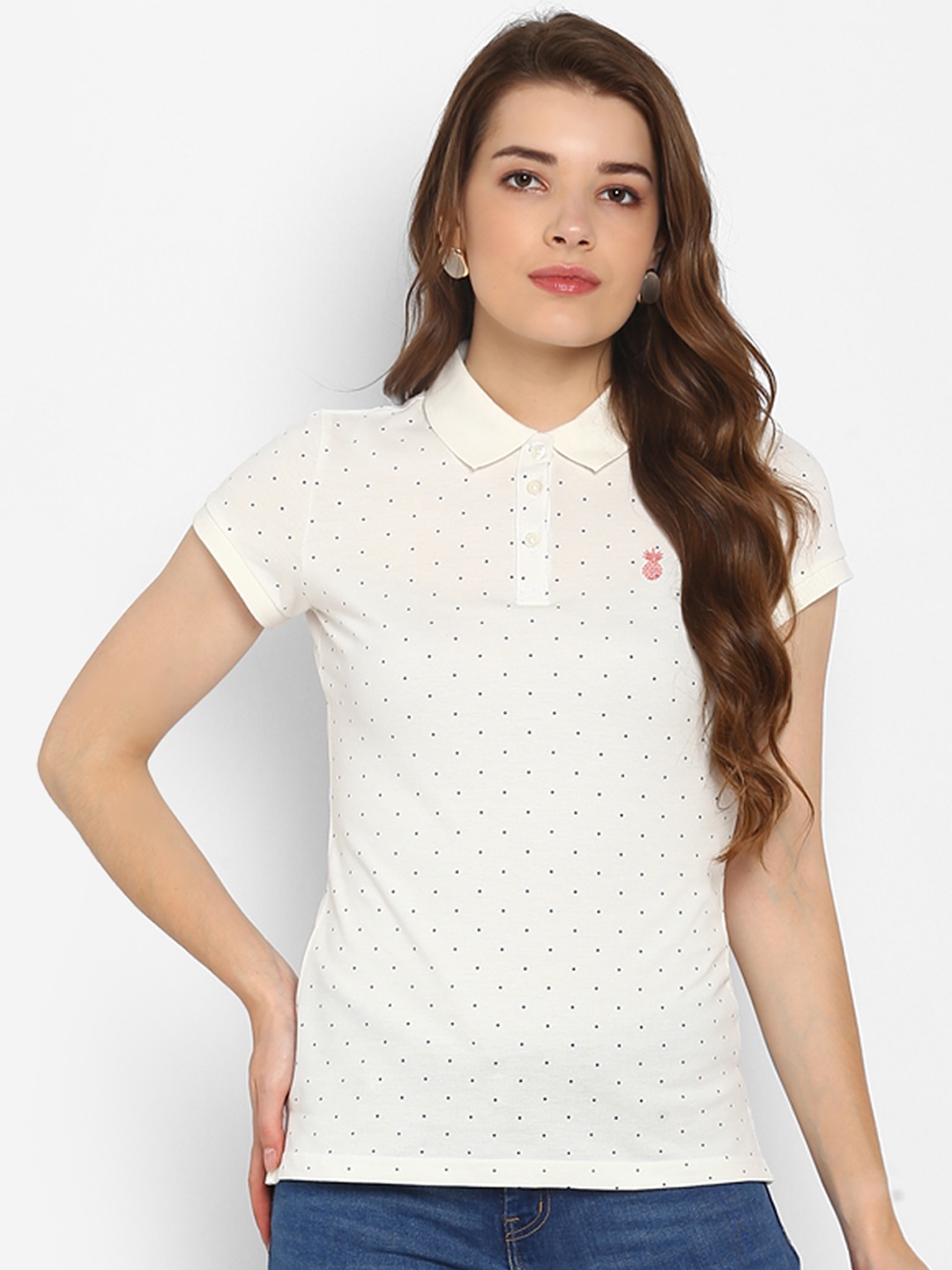 

Mode by Red Tape Women White Printed Polo Collar T-shirt