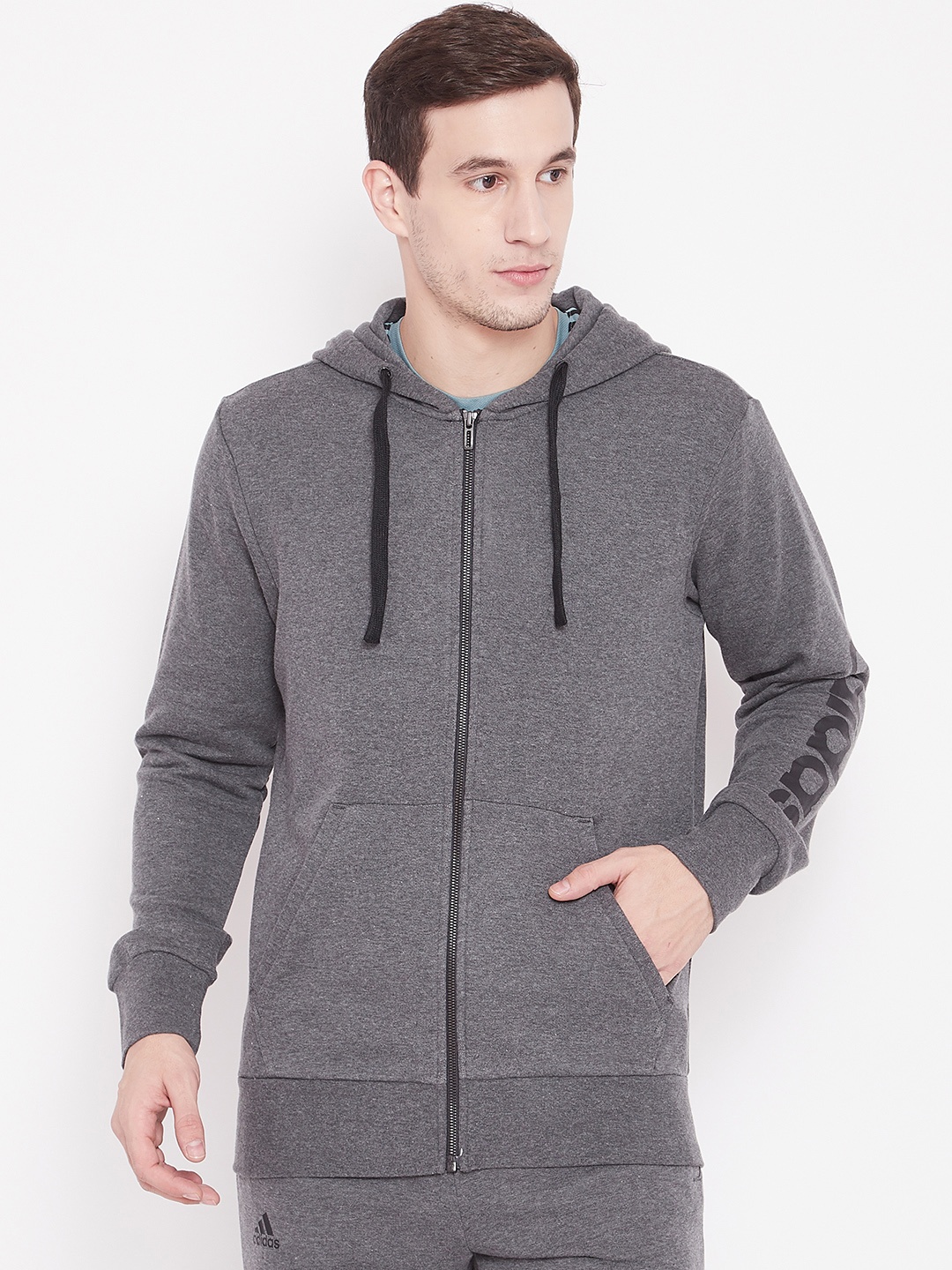 

ADIDAS Men Charcoal Grey Essential Athletics LIN FZ FT Hooded Sweatshirt