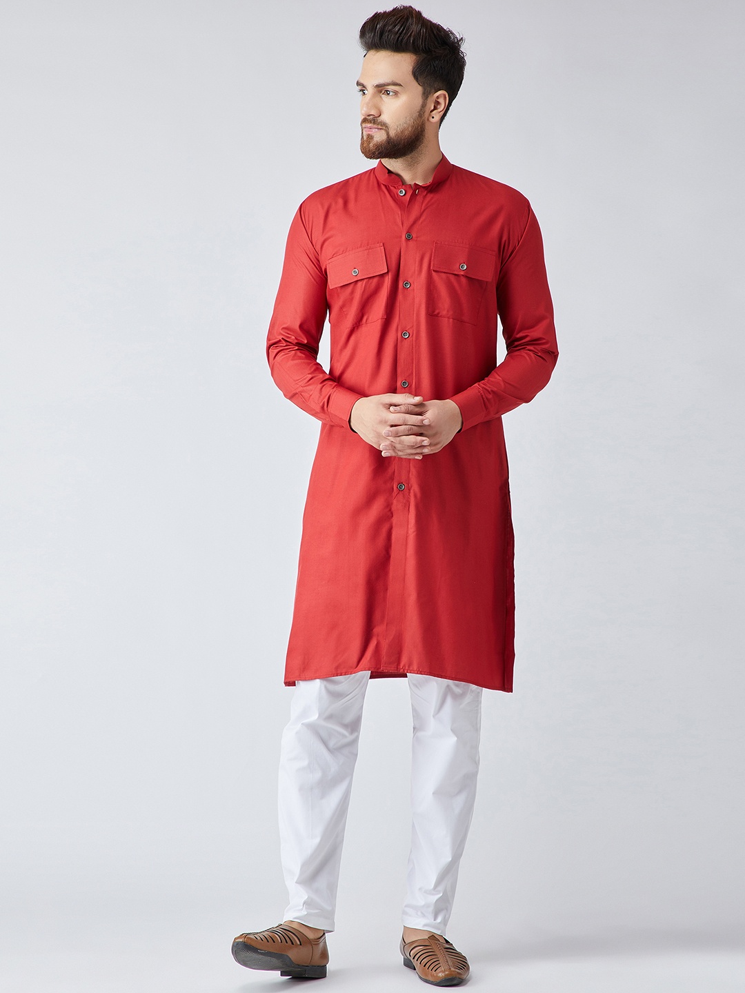 

SOJANYA Men Red & White Solid Kurta with Pyjamas
