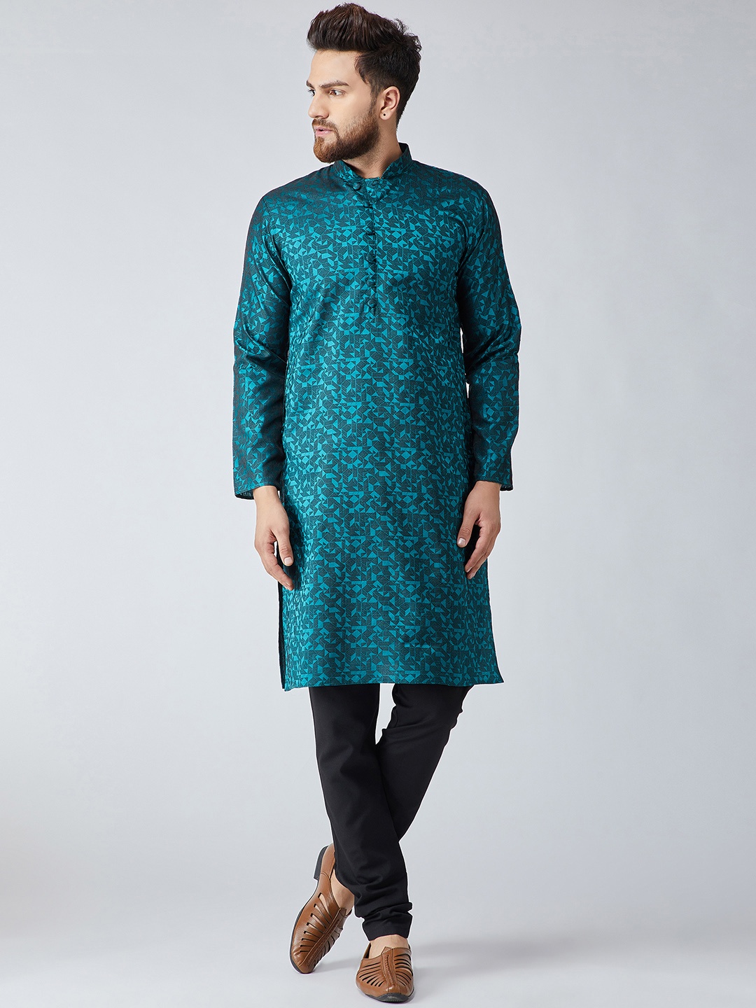 

SOJANYA Men Teal Green & Black Self Design Kurta with Churidar