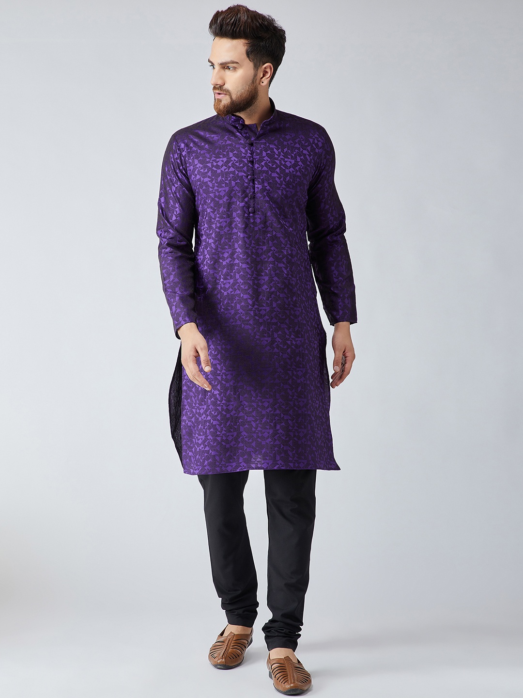 

SOJANYA Men Purple & Black Self Design Kurta with Churidar