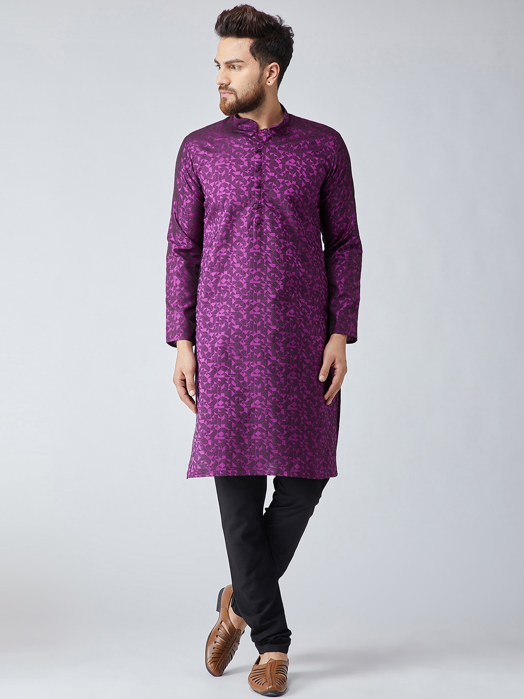 

SOJANYA Men Purple & Black Self Design Kurta with Churidar