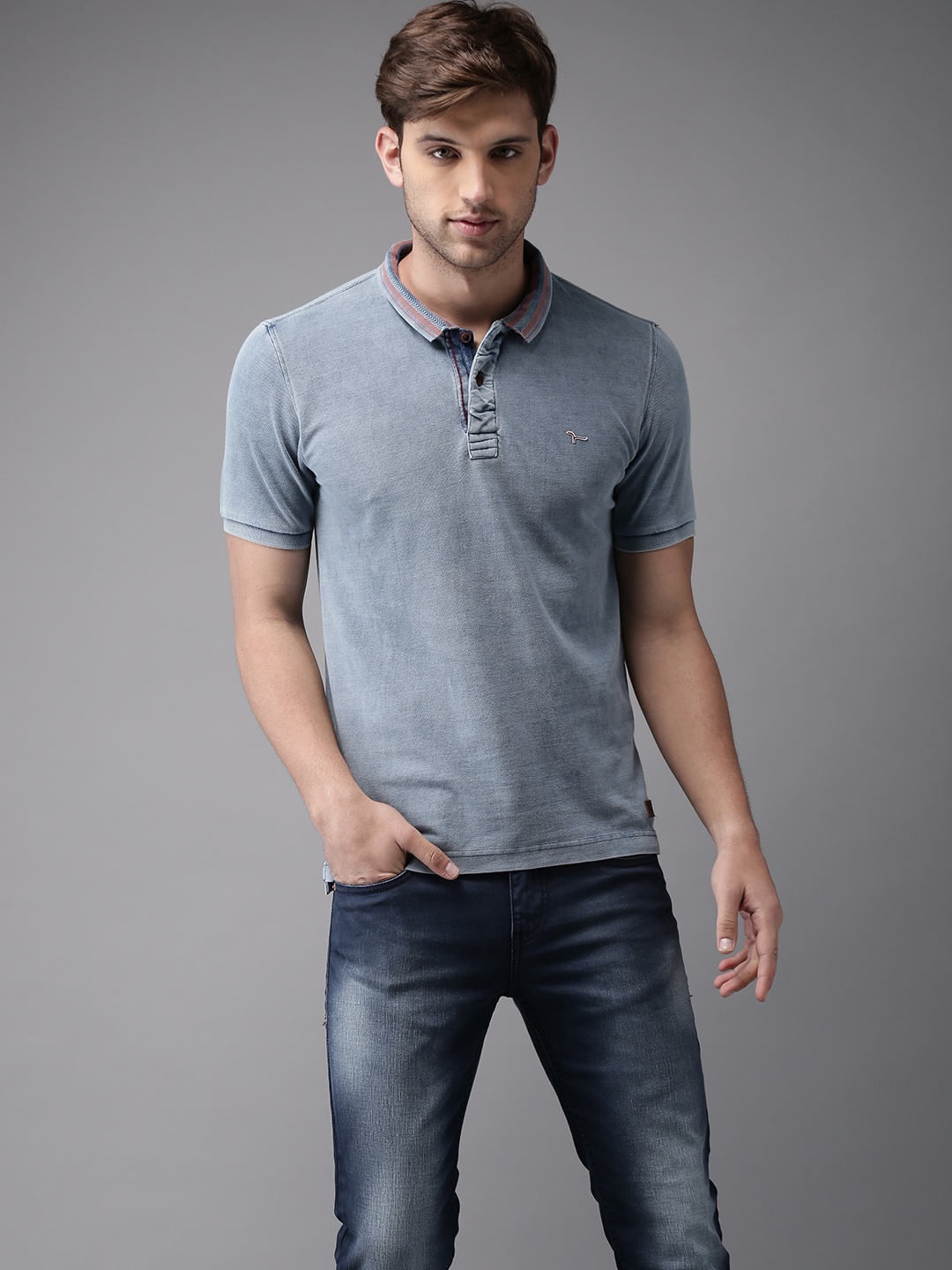 

Flying Machine Men Blue Solid Polo Pure Cotton T-shirt