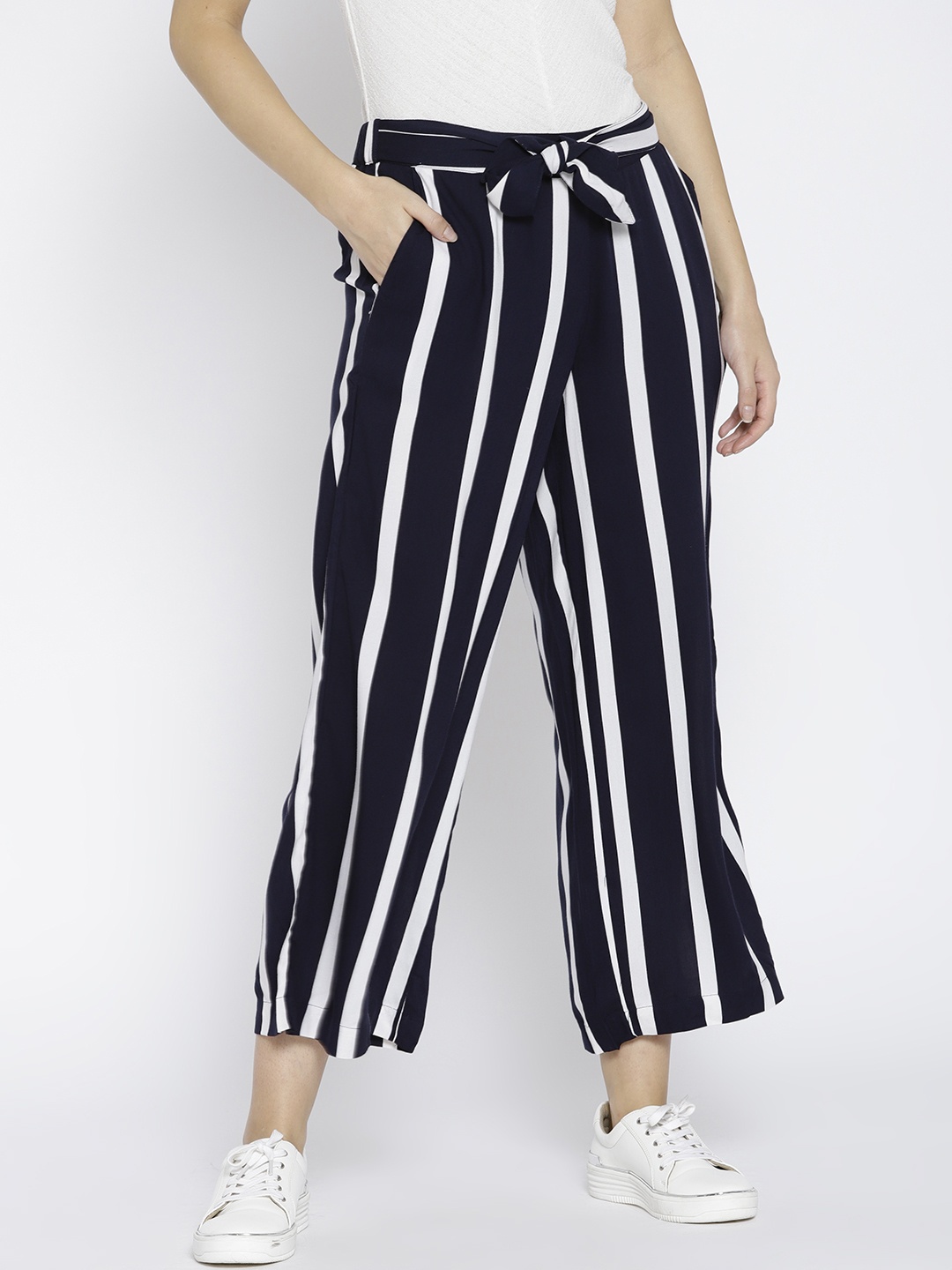 

MANGO Women Navy & White Striped Cropped Parallel Trousers, Navy blue