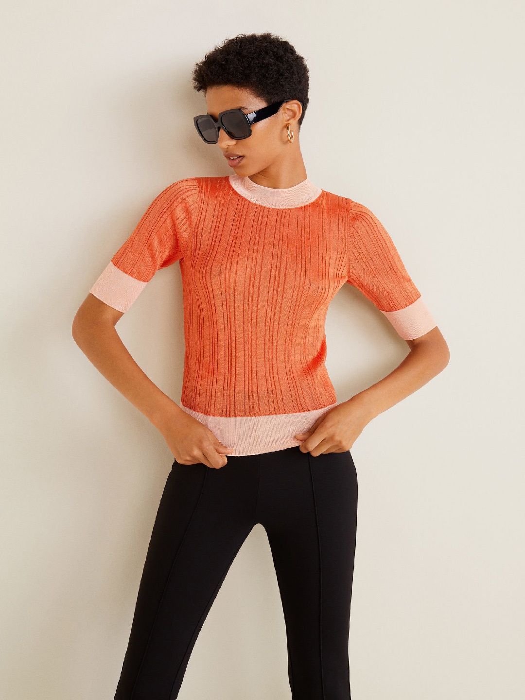 

MANGO Women Orange Striped Fitted Top