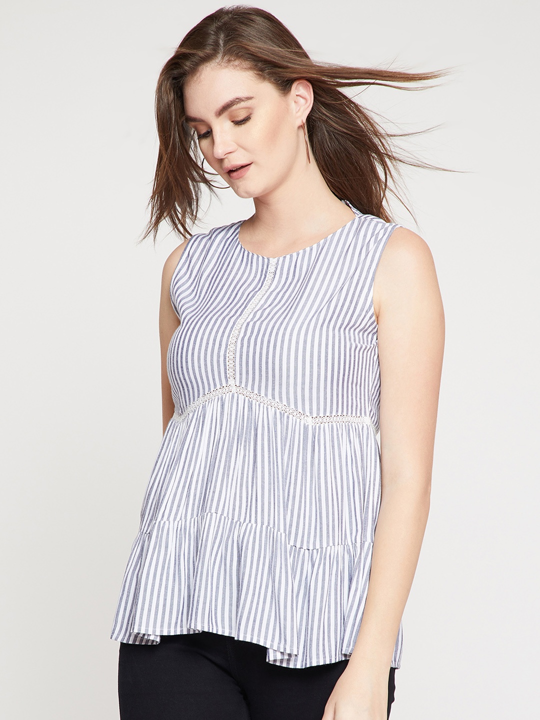 

RARE Women White Striped Tiered Pure Cotton Top