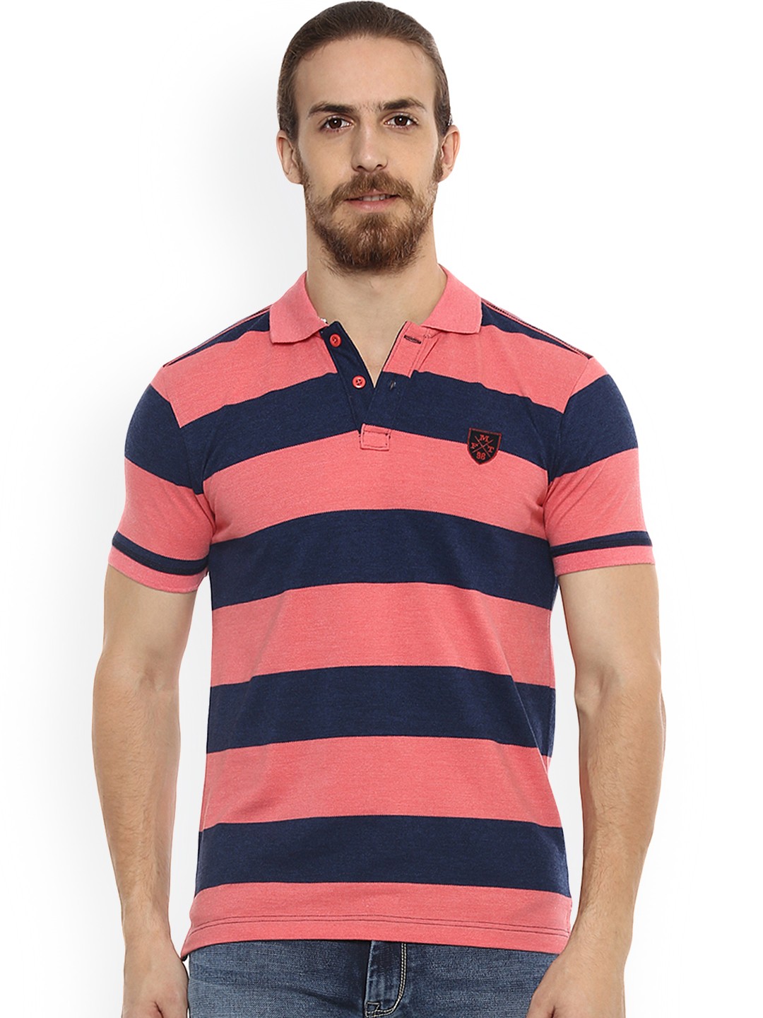 

Mufti Men Pink & Navy Blue Striped Polo Collar T-shirt