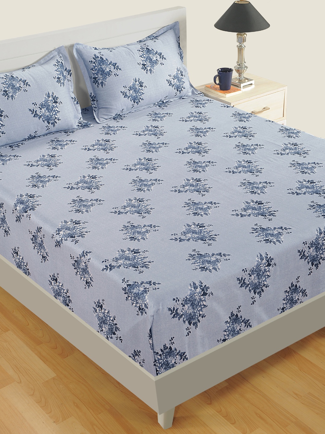 

SWAYAM Blue Floral Fitted 250 TC Cotton 1 Queen Bedsheet with 2 Pillow Covers