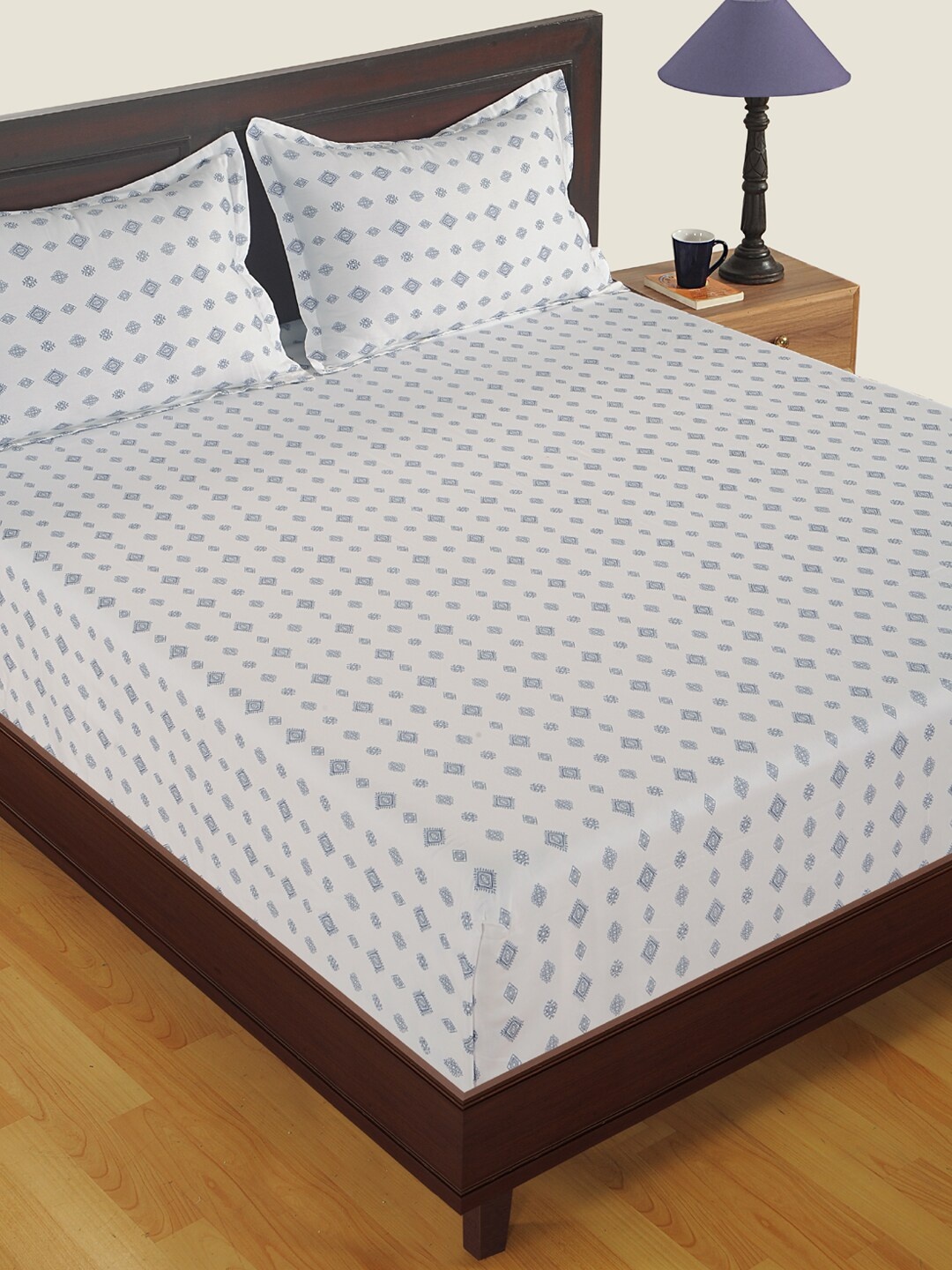 

SWAYAM White & Blue Ethnic Motifs Flat 250 TC Bedsheet with 2 Pillow Covers