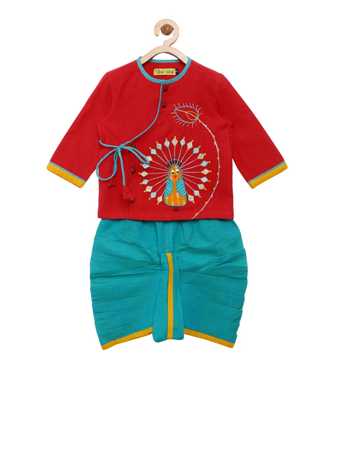 

Tiber Taber Boys Red & Teal Embroidered Kurta with Dhoti Pants