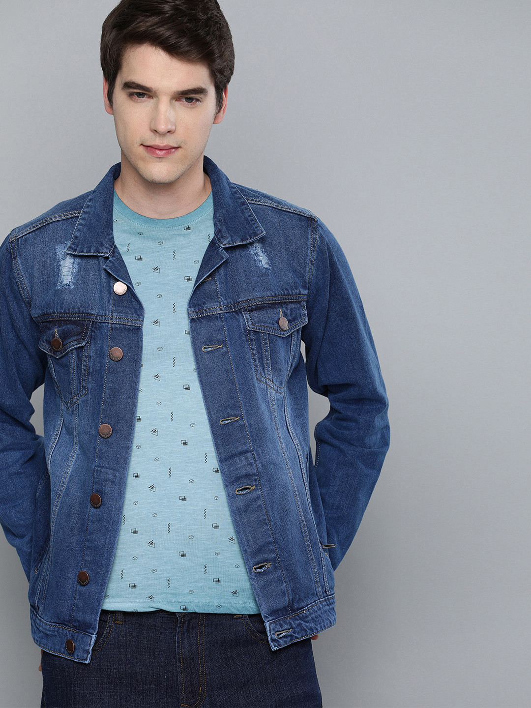 

HERE&NOW Men Blue Solid Denim Jacket
