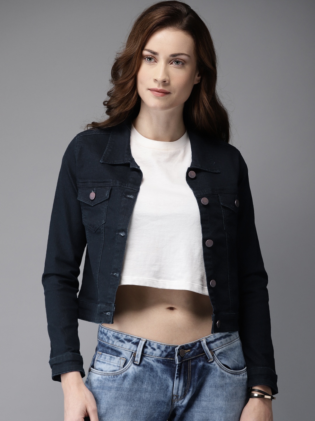 

HERE&NOW Women Navy Blue Solid Denim Jacket