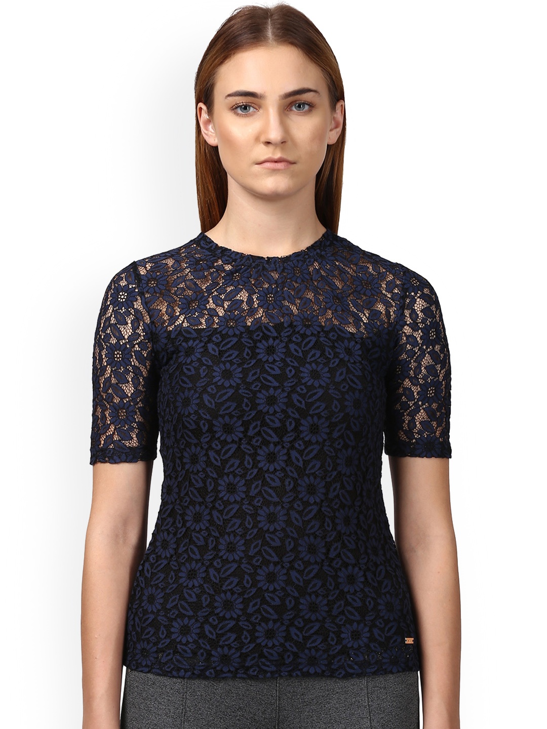 

Park Avenue Women Navy Blue Self Design Round Neck T-shirt