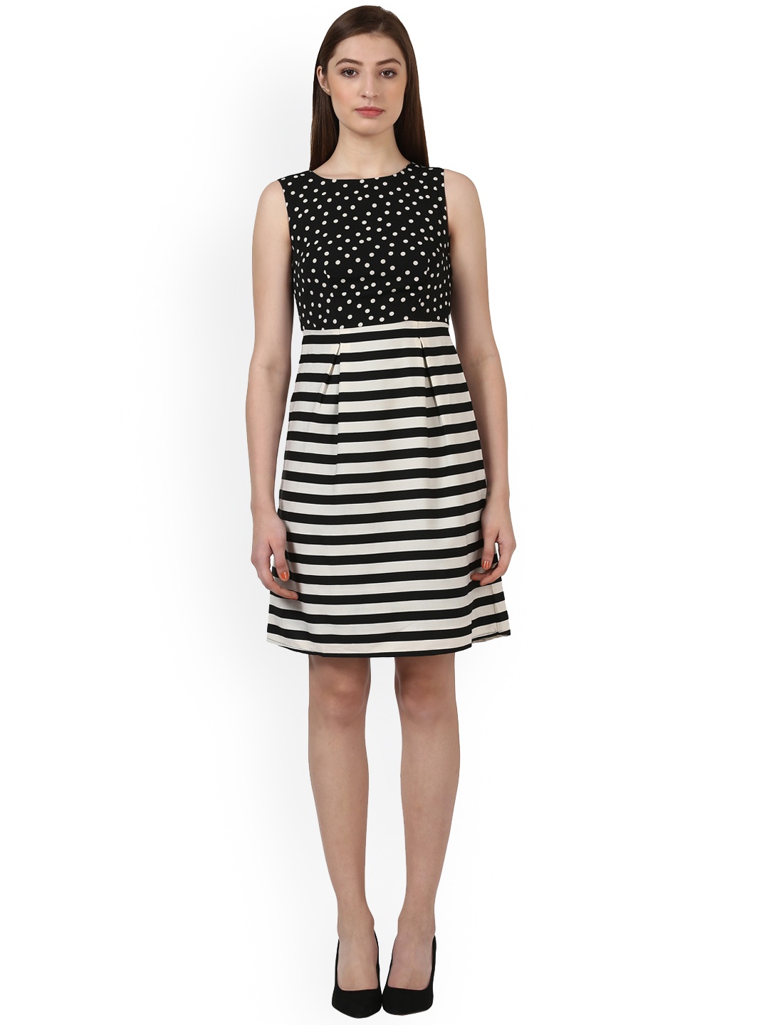 

Park Avenue Women Black & Beige Striped Fit and Flare Dress