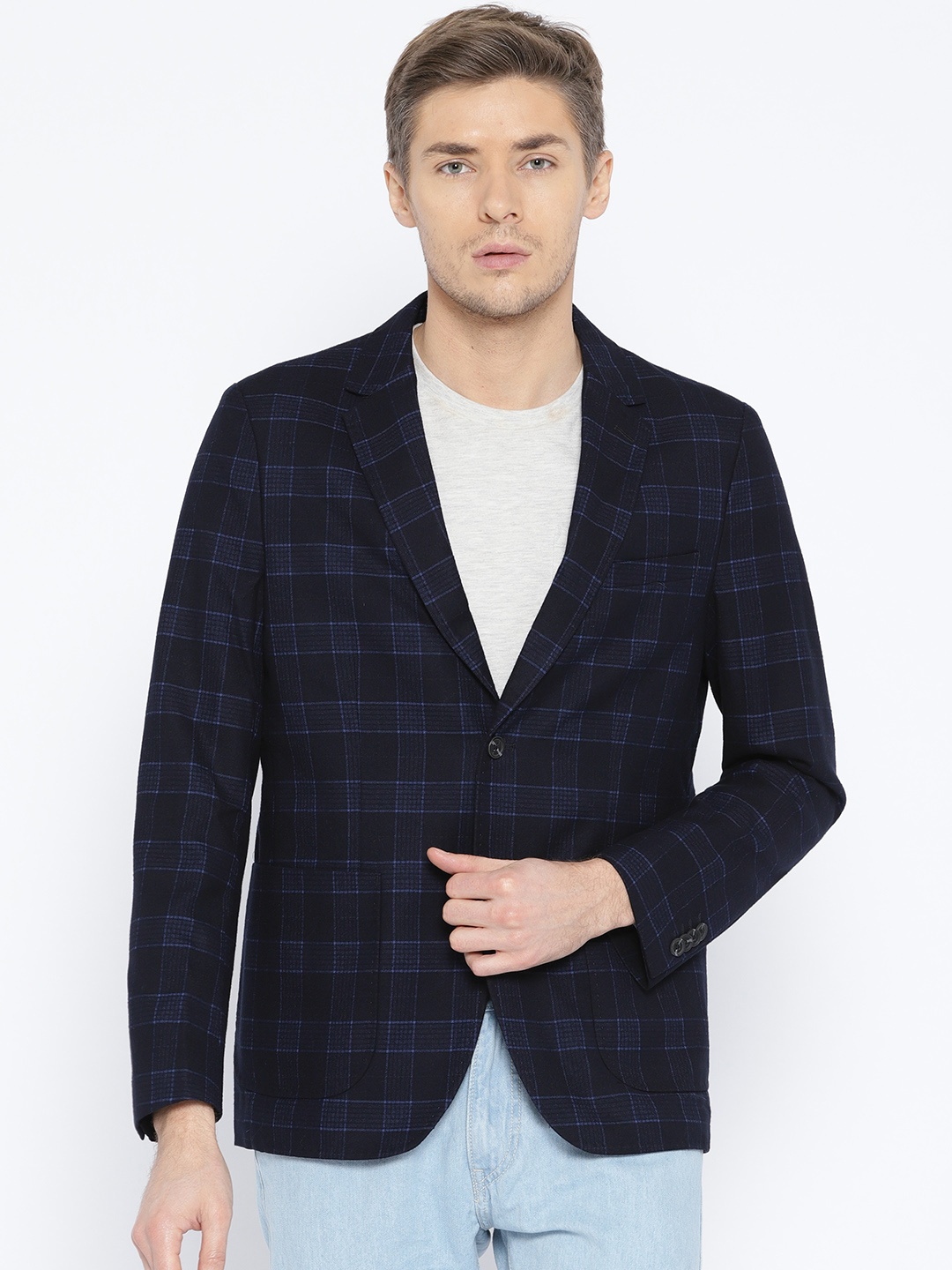

U.S. Polo Assn. Men Navy Blue Checked Single-Breasted Casual Blazer