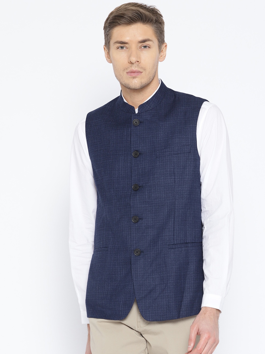 

U.S. Polo Assn. Men Navy Blue Self Checked Nehru Jacket