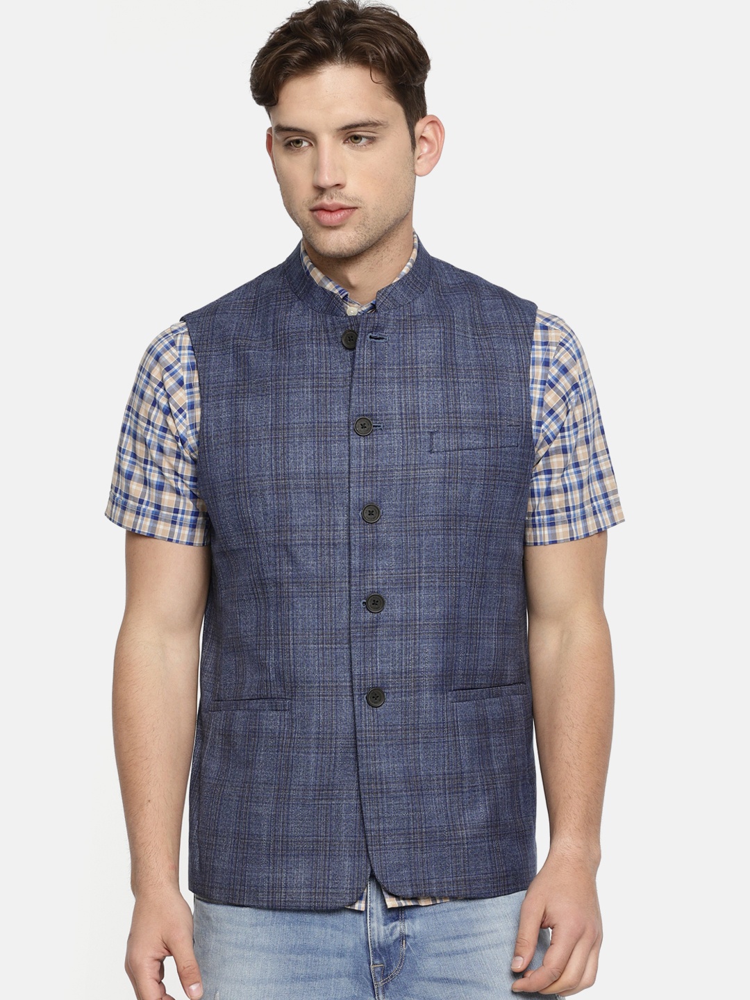 

U.S. Polo Assn. Men Blue Checked Nehru Jacket