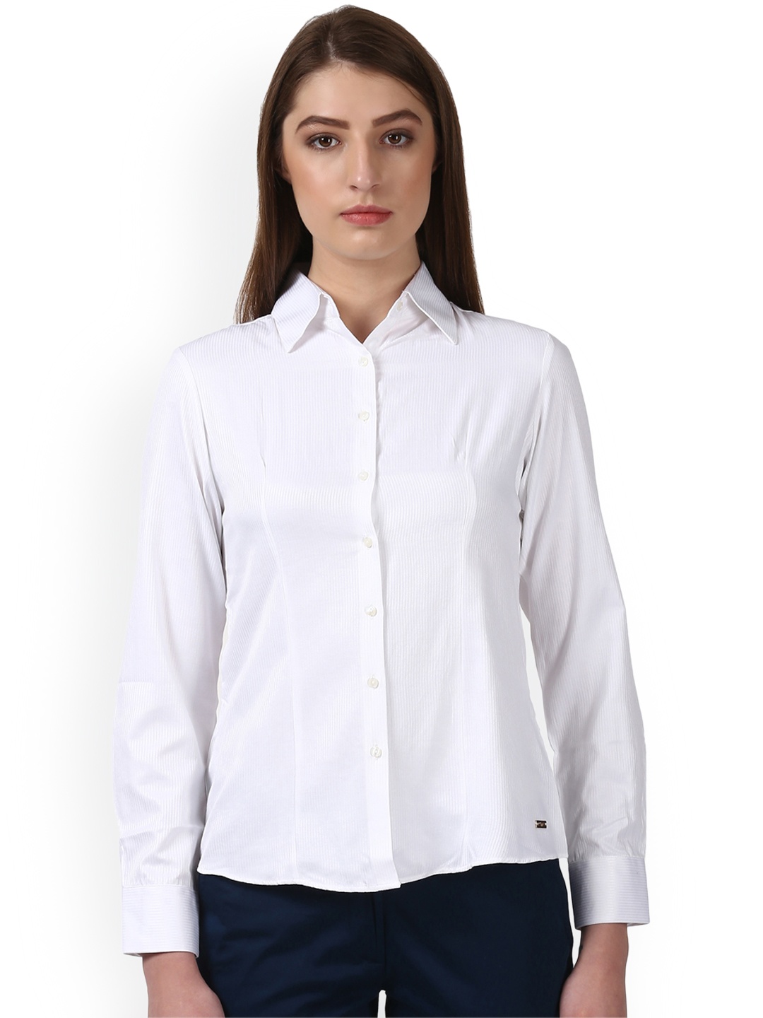 

Park Avenue Women White Regular Fit Striped Formal Shirt