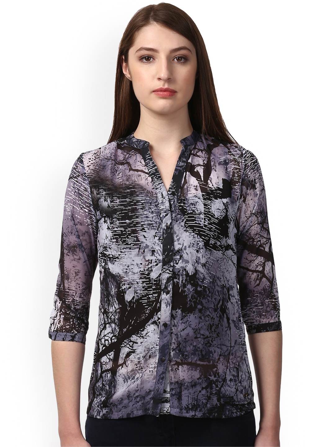 

Park Avenue Women Grey & Black Printed Casual Shirt