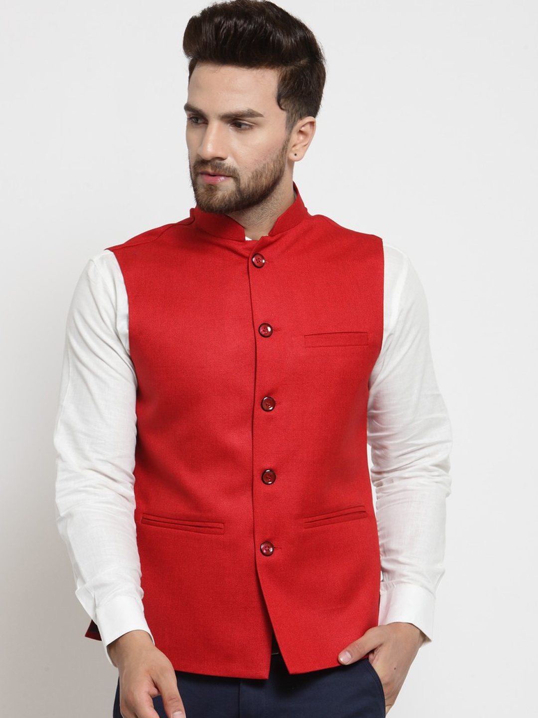 

TREEMODA Men Red Solid Nehru Jacket