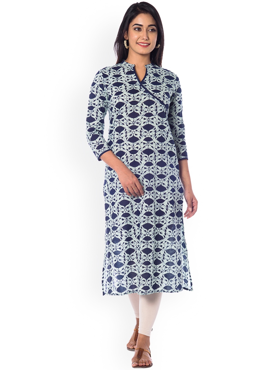 

anayna Women Navy Blue & Off-White Printed Straight Kurta