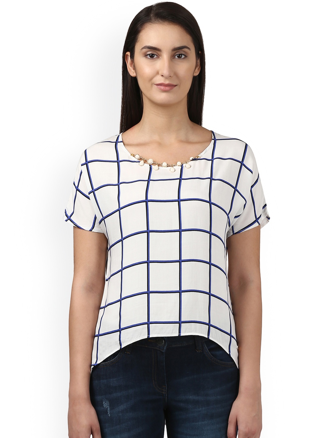 

Park Avenue Women White & Blue Checked High-Low Top