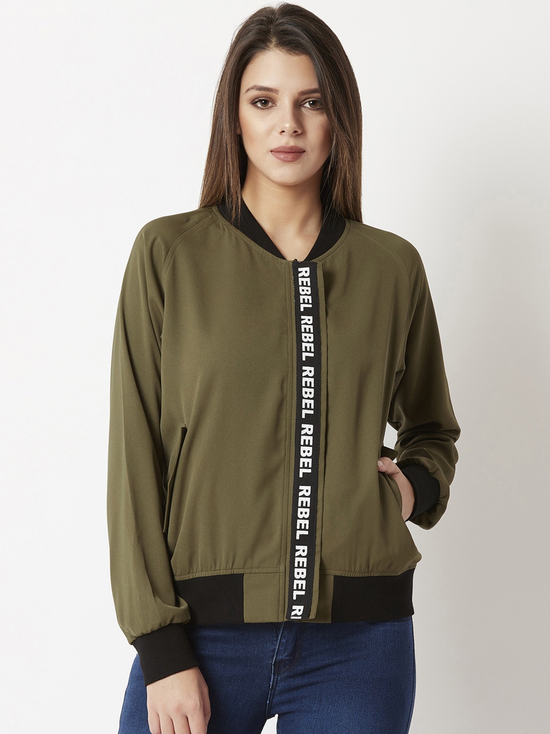

Miss Chase Women Olive Green Solid Lightweight Bomber