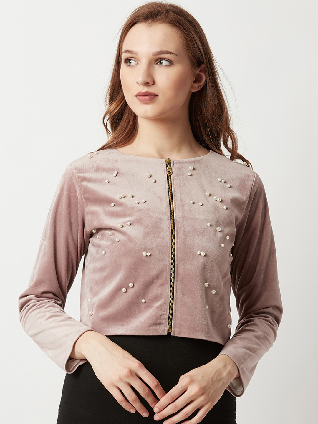 

Miss Chase Women Lavender Solid Lightweight Embellished Jacket with Velvet Finish