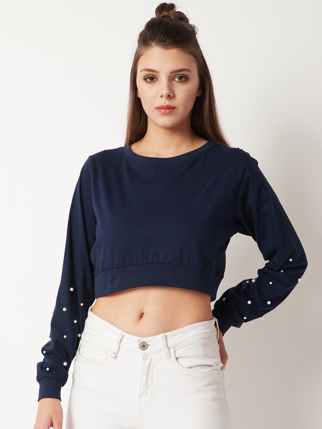 

Miss Chase Women Navy Blue Embellished Crop Top