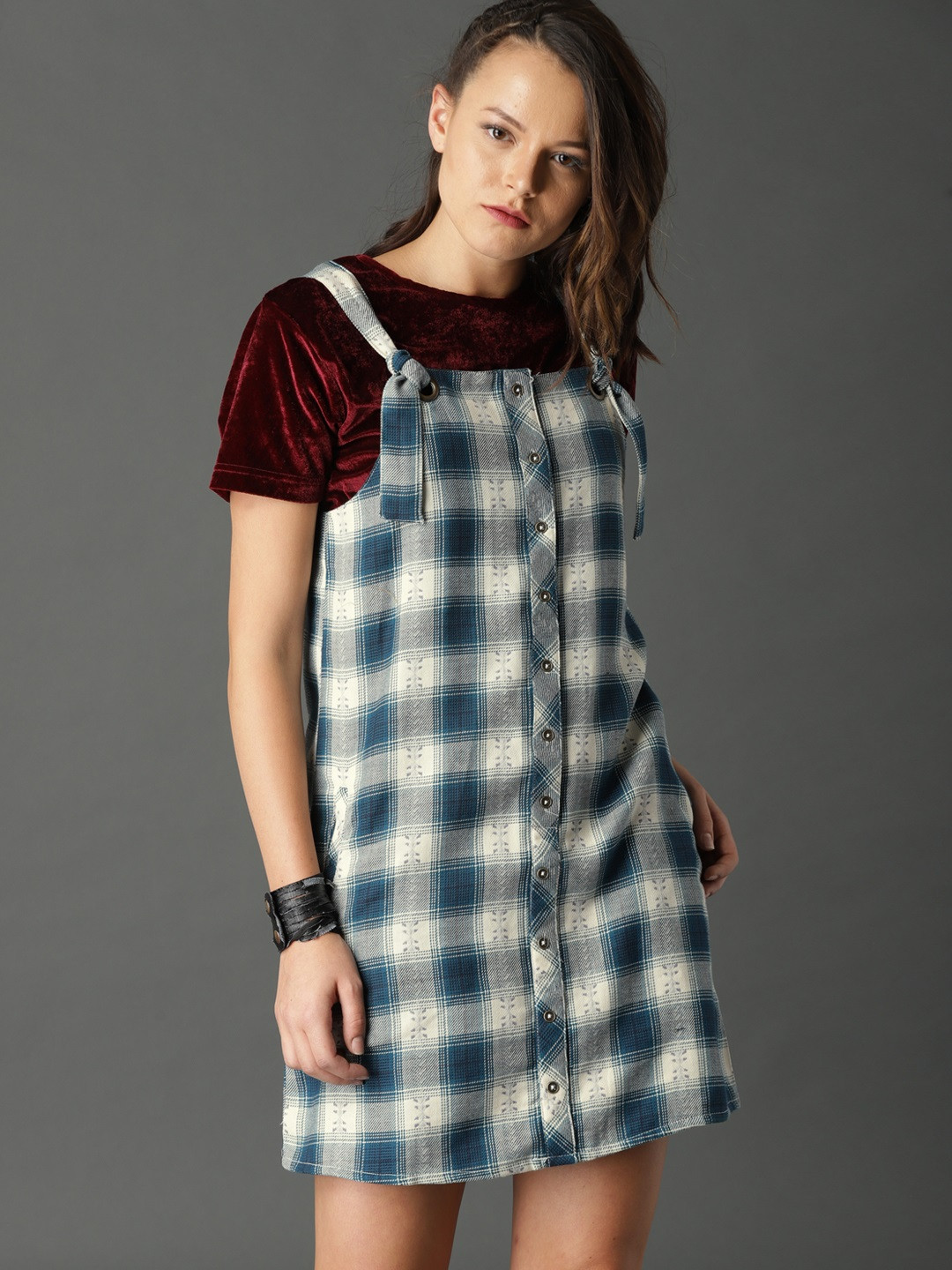 

Roadster Women Teal Blue & Off-White Checked Pinafore Dresses