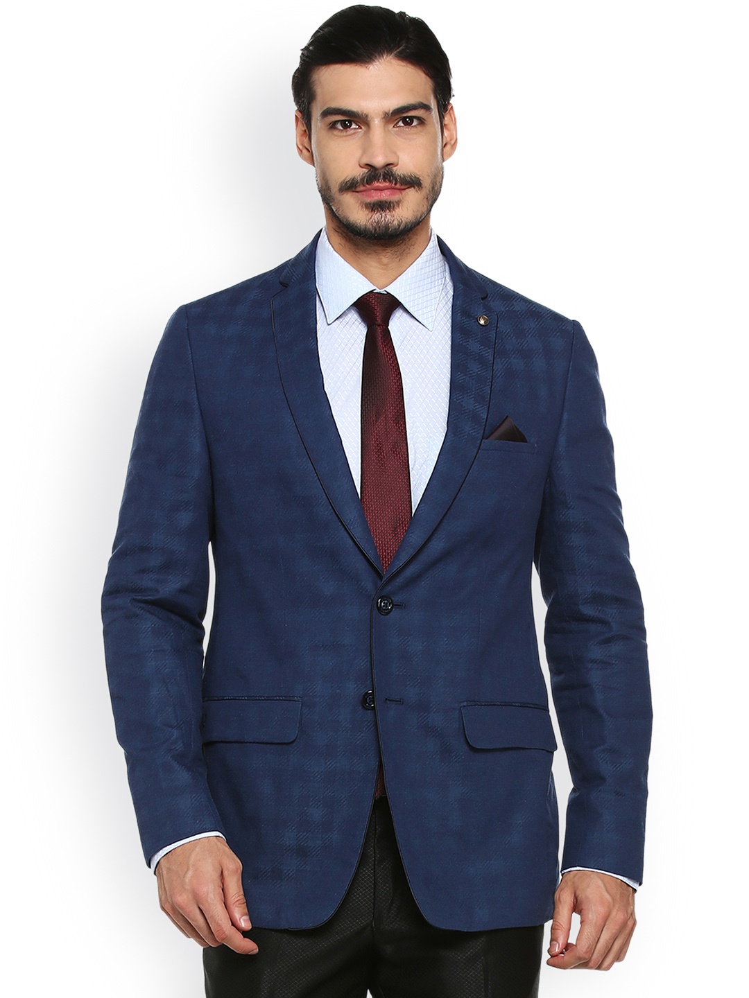 

Allen Solly Men Navy Blue Checked Regular Fit Pure Cotton Blazer