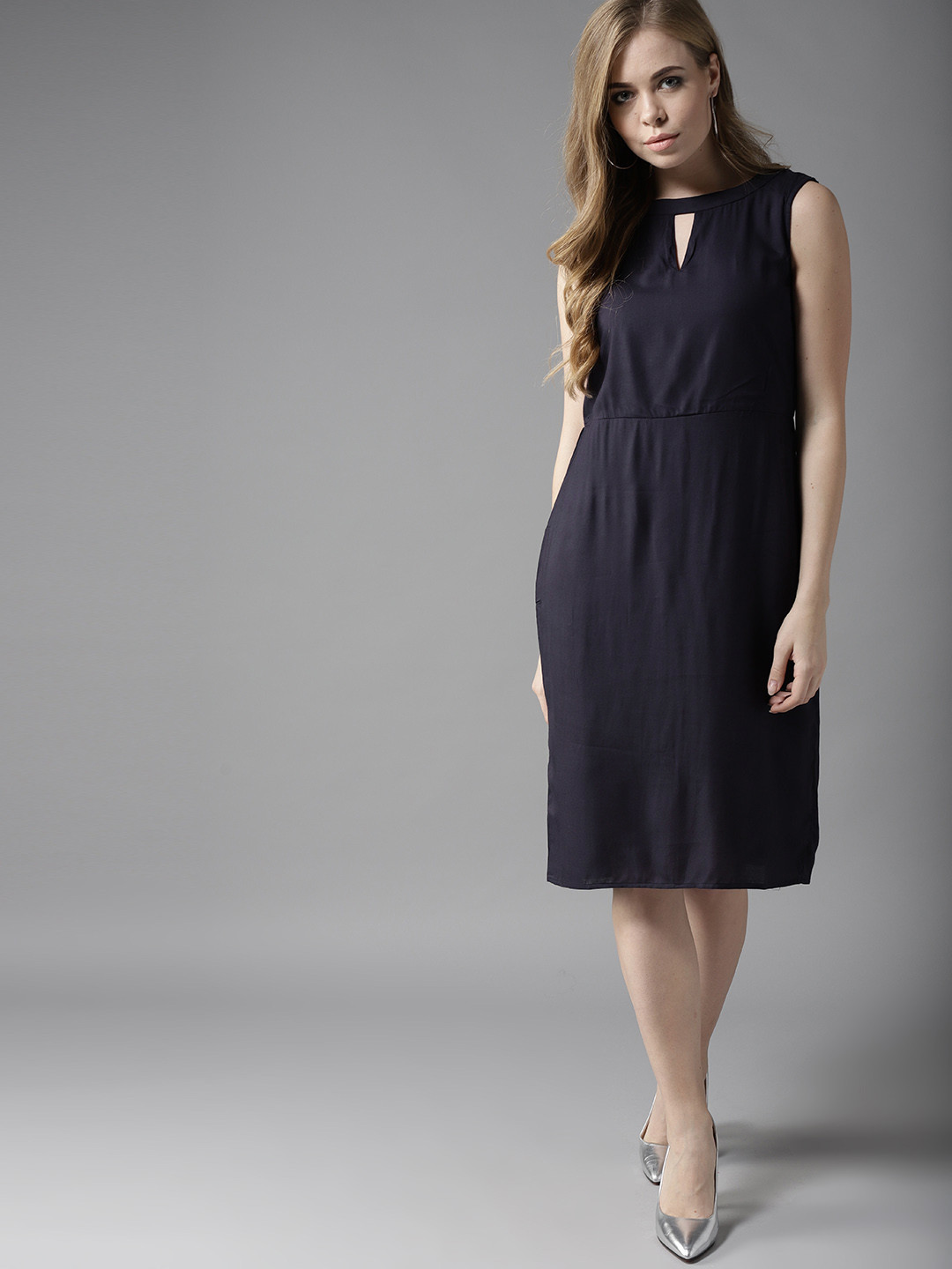 

HERE&NOW Women Navy Blue Solid Sheath Dress