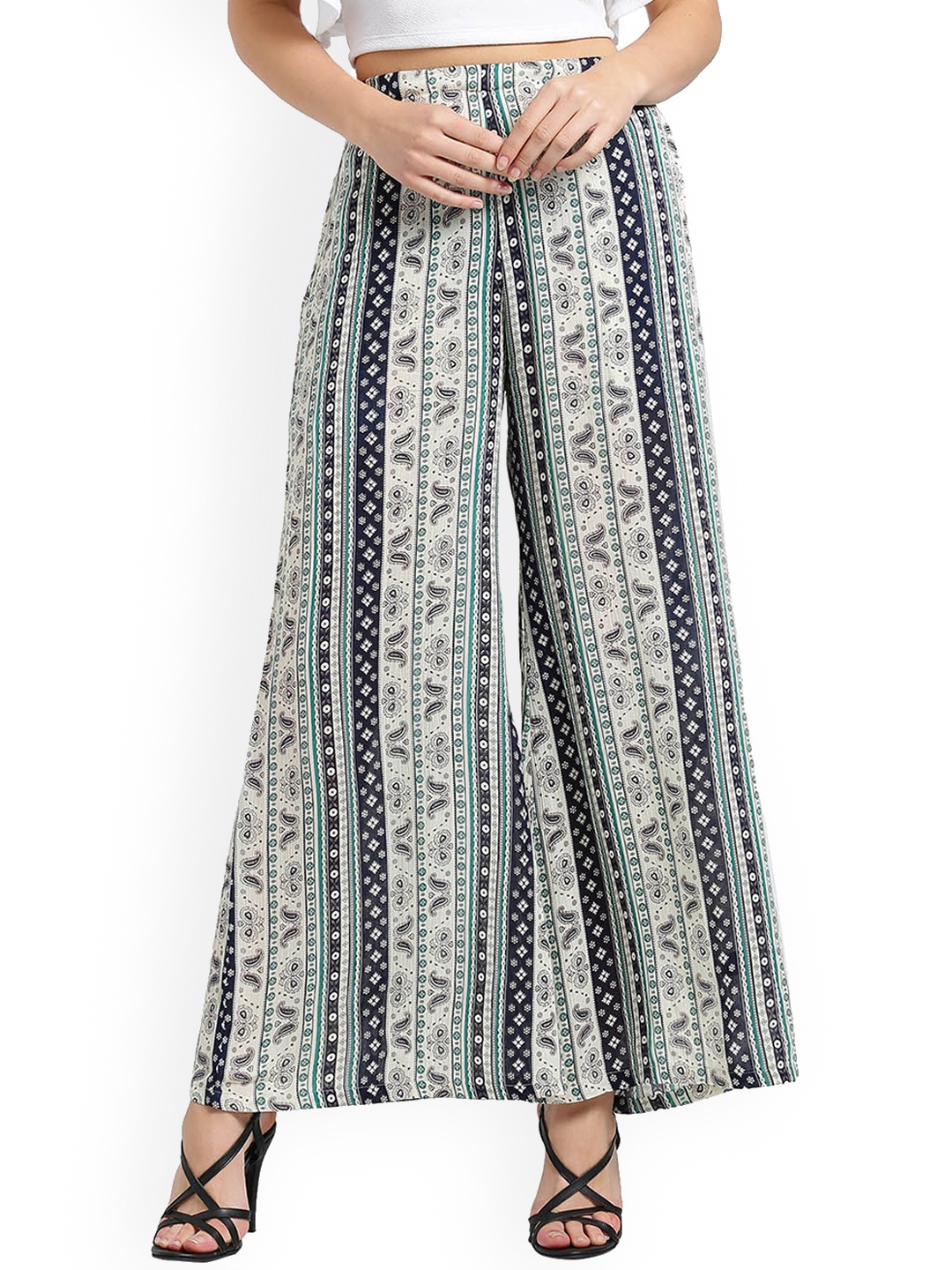 

Taurus Women Off-White & Blue Regular Fit Embroidered Parallel Trousers